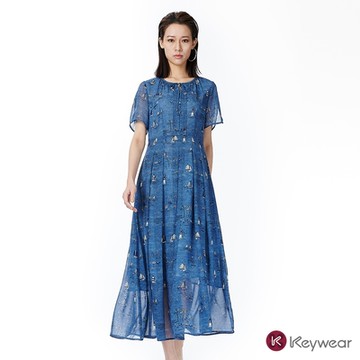 KeyWear奇威名品    印花前綁帶褶皺短袖洋裝-灰藍色