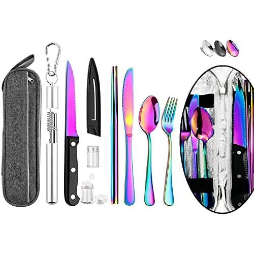 Portable Travel Reusable Utensils Silverware with Case Travel Camping Cutlery set Chopsticks and Straw Flatware  Stainless steel Travel Utensil set