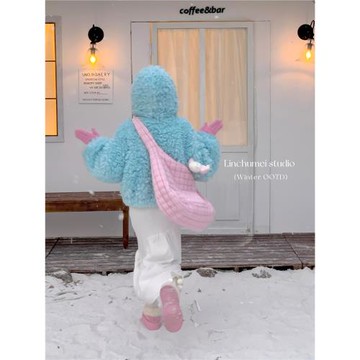 林初美藍色羊羔毛外套女冬季韓系短款小個子加絨加厚保暖毛毛上衣