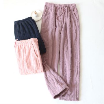 秋冬季法蘭絨女睡褲情侶款珊瑚絨加絨加厚收口純色保暖男士家居褲