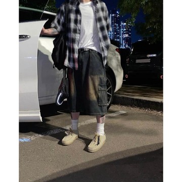 【PAGANS STORE】韓國 復古 美式 七分 大口袋  黃泥 工裝 闊腿 牛仔 短褲 (2 color)