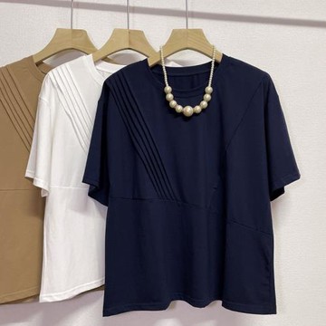2024夏季新款不規則百褶短袖T恤港風圓領寬松顯瘦棉質上衣女襯衫