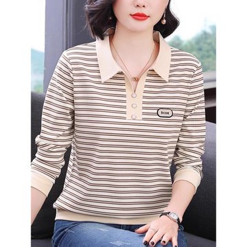中老年時尚女裝媽媽秋裝洋氣上衣條紋純棉長袖t恤女士翻領打底衫