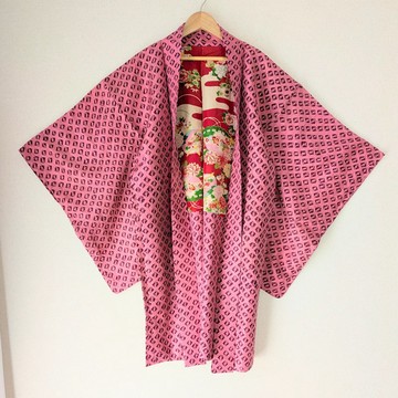 Japanese Vintage Haori 羽織 正絹 粉色 蜘蛛絞 裡布可愛 古布 時代布 獨一無二 大正浪漫 和洋混搭