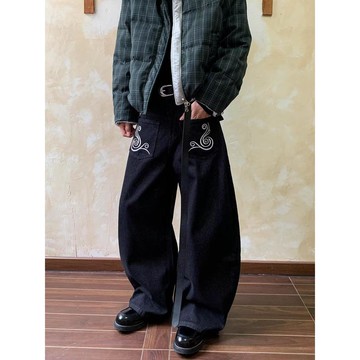 黑色時尚潮流牛仔褲男秋冬新款休閒百搭寬鬆高級感長褲男