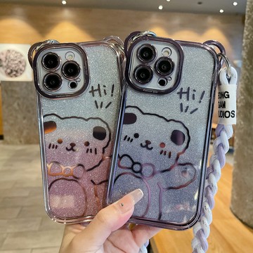 閃粉幸運熊 斜跨編織掛繩 iPhone 17 16 手機殼 15 14 13 12 11 Pro Max 防摔殼 保護殼