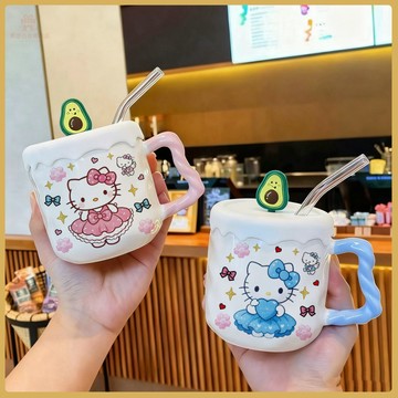 爆款熱推💖全臺免運 可愛卡通hello Kitty吸管杯ins風馬克杯帶蓋送女朋友情侶女生禮物 8LQW