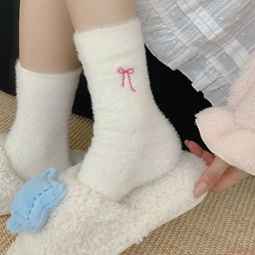 精選好物🌈襪子女秋冬加絨加厚保暖厚款蝴蝶結中筒襪ins粉色系水貂絨地板襪