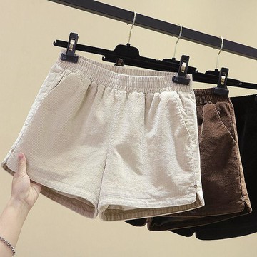 本土出貨 短裤 燈芯絨鬆緊腰短褲女胖mm大碼新款外穿黑色顯瘦寬鬆闊腿休閒靴褲潮U2 R