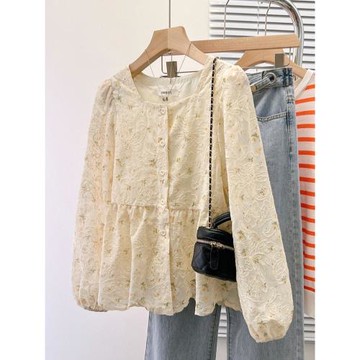 品牌折扣女裝剪標外貿春秋法式設計感碎花刺繡長袖方領襯衫上衣女