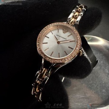 ARMANI 阿曼尼女錶 28mm 玫瑰金圓形精鋼錶殼 銀白色簡約, 中二針顯示錶面款 AR00084