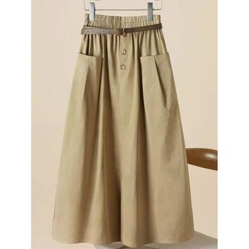 純棉工裝半身裙女2025夏季松緊腰大口袋過膝休閑高腰顯瘦A字裙女