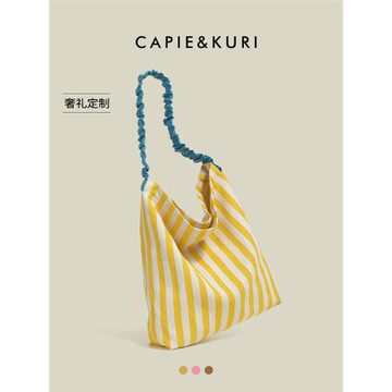 都淘小清新條紋撞色帆布包女2026新款慵懶風大容量上課通勤托特包
