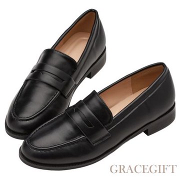 【Grace Gift】歐美便仕軟墊低跟樂福鞋 黑
