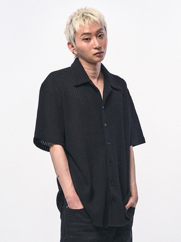 Crochet Knit Half Shirt_Black