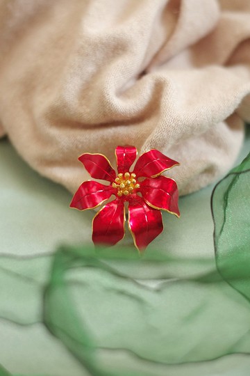 老又好古董珠寶 Cerrito 金色紅琺瑯聖誕紅花別針 少見款 B445