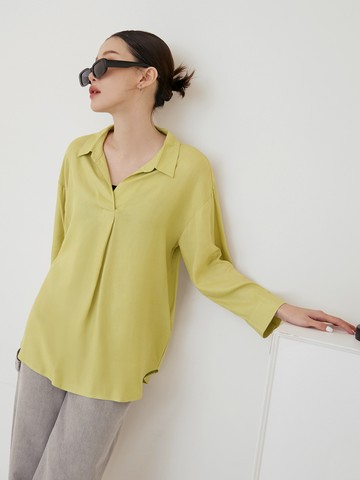 純色V領襯衫領落肩七分袖上衣