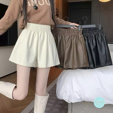 Waroom|現貨實拍 高腰a字闊腿皮短褲 秋冬寬鬆PU皮靴褲 皮褲 短褲 褲裙 A字褲 保暖褲 遮跨顯瘦 褲子0807