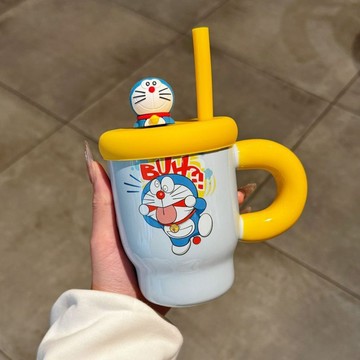 ✨臺灣出貨✨爆款哆啦A夢陶瓷吸管杯大容量帶蓋馬克杯學生上班族喝水杯子專用