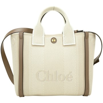 CHLOE 蔻依 Carry 小款 米灰帆布手提/斜背托特包(灰棕皮革)
