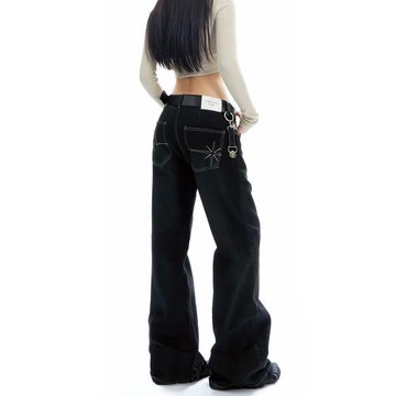 (免運)APEA美式百搭黑色微喇牛仔褲女冬季水洗做舊寬松直筒低腰闊腿褲子