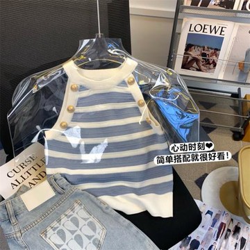 法式針織背心女高級感夏日多巴胺掛脖上衣削肩藍色條紋小衫超好看