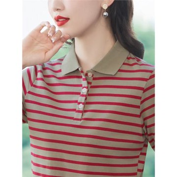 女士襯衫純棉長袖條紋T恤女春秋2025新款中年媽媽顯瘦翻領polo衫t