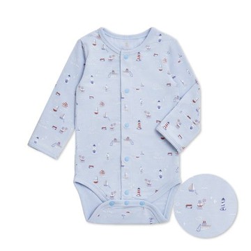 快樂水手長袖前開包屁衣 (美麗諾羊毛布)