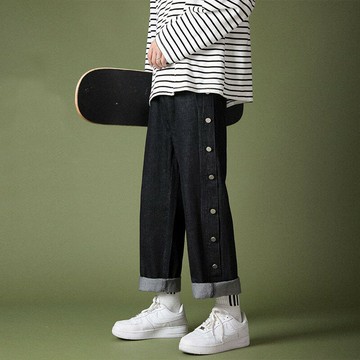 牛仔褲男春季韓版水洗復古排扣褲子高街ins潮長褲寬松大碼休閑褲