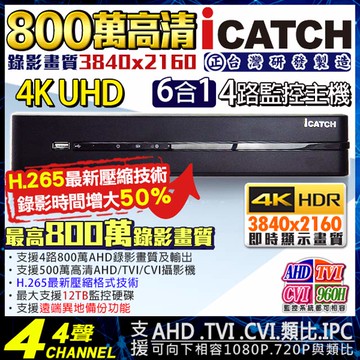 【KingNet】 KMQ-0425EU-K 可取 ICATCH 4路監視主機 800萬 8MP 5MP/1080P/720P/960H 監控主機