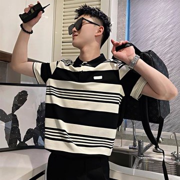 黑白條紋Polo衫男士短袖潮牌痞帥半袖夏季撞色翻領T恤保羅plol衫