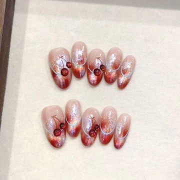 💗台灣出貨💗秋冬純手工立體高階櫻桃法式焦糖穿戴貓眼手工金色可拆卸顯白美甲店長優選