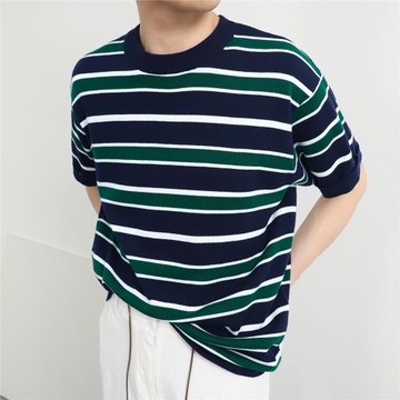 條紋針織衫男潮流百搭休閑短袖t恤男圓領半袖體恤打底衫2022新款