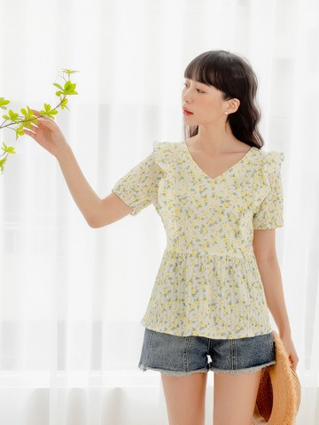 小V臉．V領印花荷葉造型後綁帶傘襬上衣