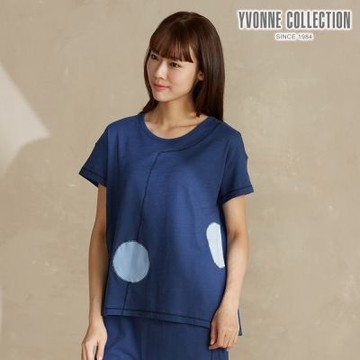 YVONNE 以旺傢飾 圓點拼接短袖上衣-深藍