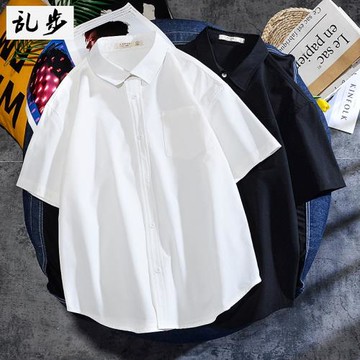白襯衫男韓版潮流痞帥短袖潮港風日系寬松休閑夏季工裝黑襯衣dk