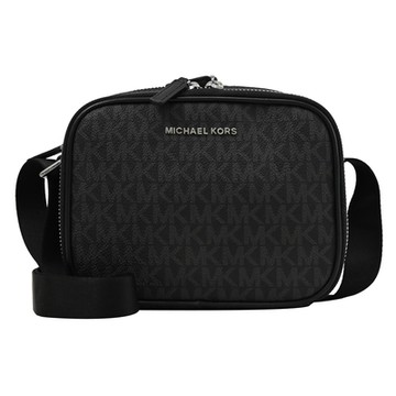 MICHAEL KORS COOPER 滿版印花LOGO雙層拉鍊斜背小包(黑)