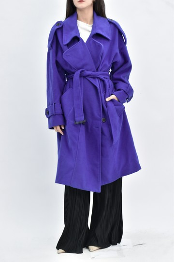 (F) 【趙小僑私服】outfit質感長款大衣長袖藍色綁帶外套