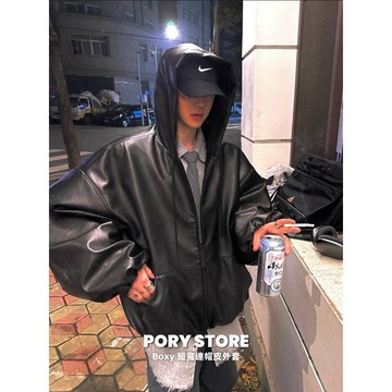 【PORY STORE】 🇰🇷韓系 Boxy 短寬 連帽 皮外套 皮衣 皮衣外套 休閒外套 男女皆可