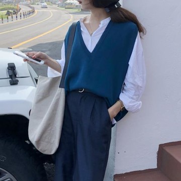 羽跡EAL2025春新款韓版寬松無袖V領坎肩針織衫馬夾背心女疊穿馬甲