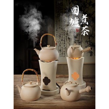 素燒白泥小高炭爐煮茶爐潮州煮茶壺側把提梁壺禪意茶藝煮水砂銚壺