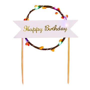 森林系花圈蛋糕插牌 Happy Birthday  彩燈  18 x 15cm  1個