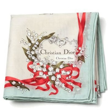 Christian DIOR 米白底淺薄荷邊鈴蘭紅緞帶邊圖騰字母LOGO帕領巾(48CM)