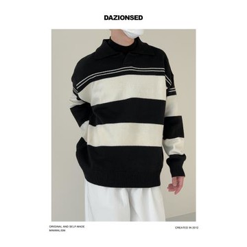 DAZO 韓風秋款條紋毛衣質感翻領針織衫寬松休閑百搭中性風秋裝
