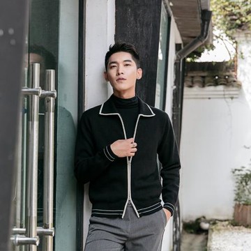 秋冬雙拉鏈撞色領子針織開衫毛衣男法式輕熟風茄克衫外套潮男