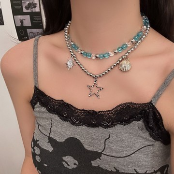 【台灣公司 可打統編】免運 甜酷風水晶串珠疊戴星星吊墜項鏈女五角星貝殼流蘇飾品女配飾飾品 可開發票 全館五折 工廠現貨直銷 新品特價 z9211