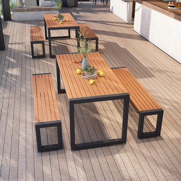 現代戶外桌椅室外陽臺露天公園防水休閒塑木長桌外擺餐廳桌椅組合 雙11全館免運