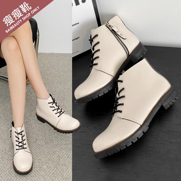 MIT雜誌款素面拚色皮革側拉鍊繫帶短靴．白鳥麗子