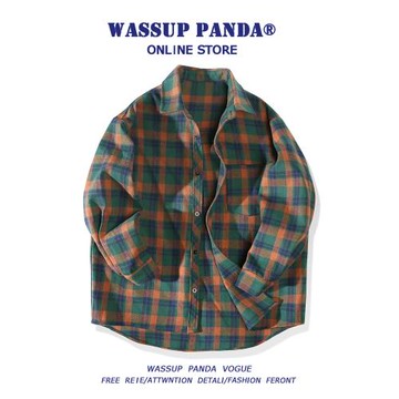 WASSUP PANDA復古格子長袖襯衫男款春秋日系潮流休閑港風襯衣外套