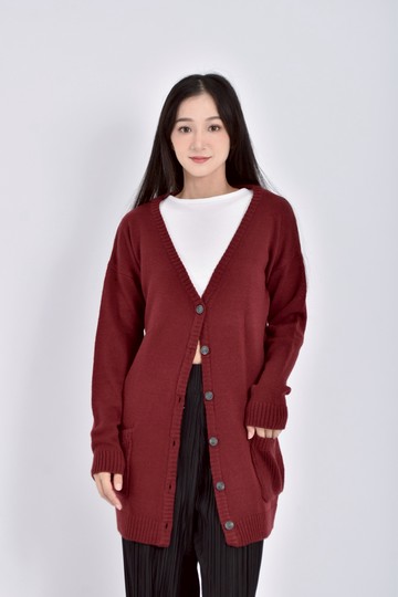 (F) anden hud質感針織排扣長版紅色外套